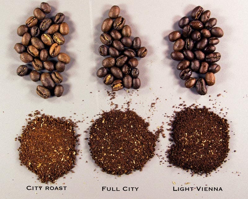 Costa Rica Peaberry - 3 roast levels compared surface versus ground coffee