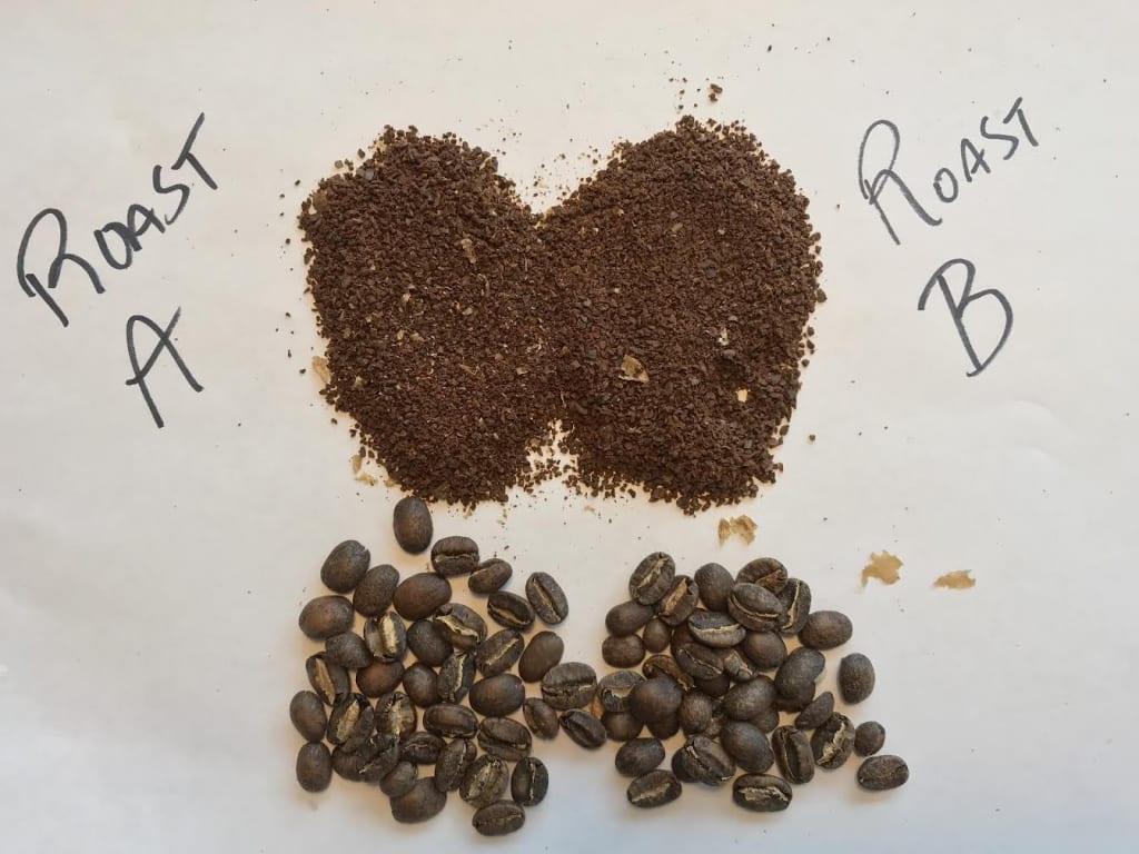 Side by side comparisons of my two roast profiles, comparing whole bean versus ground (an easy way to visually check roast color, better than just looking a the whole bean!)