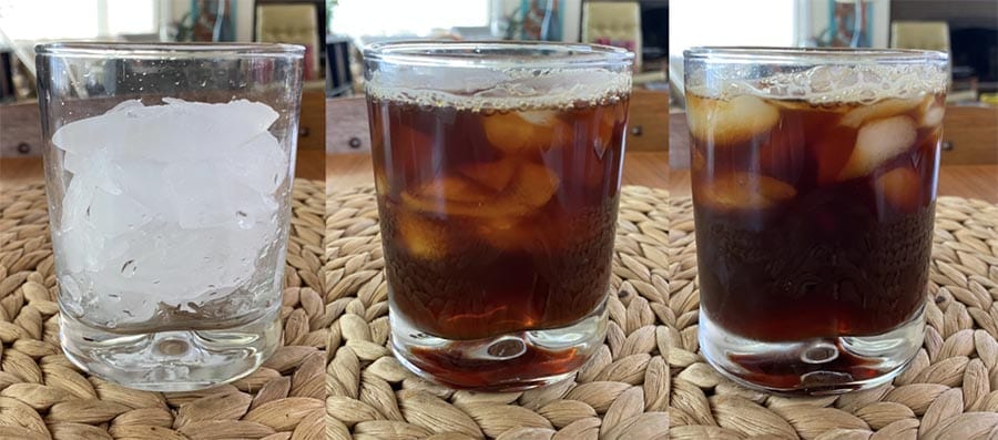 a visual comparison of two different iced coffee brew strengths