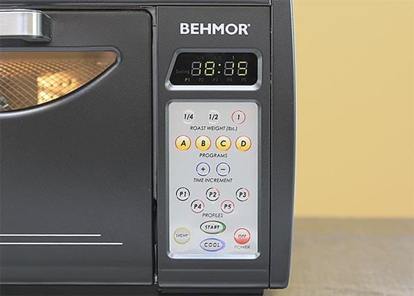 The Behmor coffee roaster control panel presents many options, but all you need is manual mode and the 1LB roast batch setting for roasting dark.