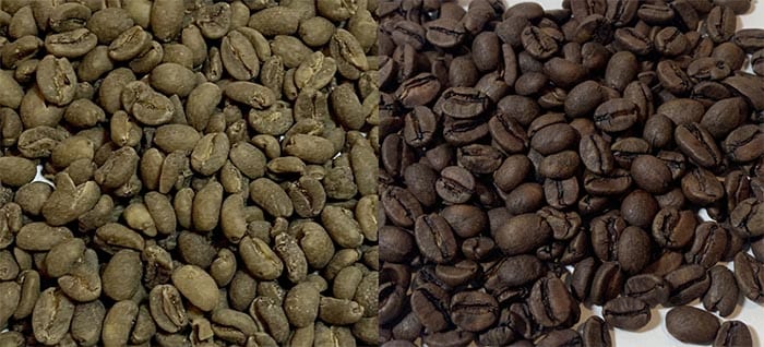A side by side comparison of un-roasted and roasted Swiss Water decaf Ethiopian coffee