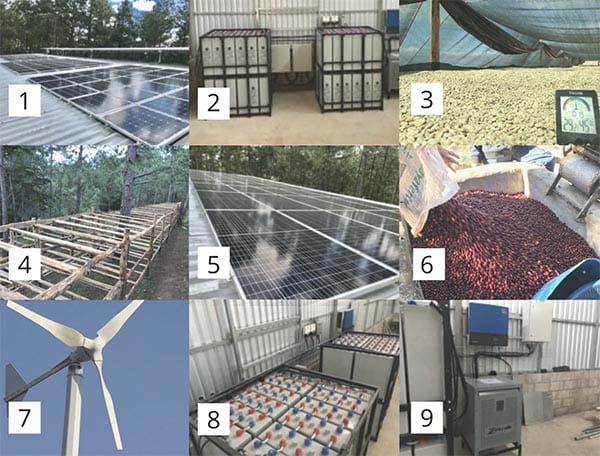 photo collage of the solar and wind power equipment used to run this green coffee mill