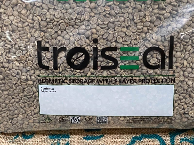 Troiseal is a 9 layer barrier package to prevent green coffee from gaining or losing moisture with the ambient environment.