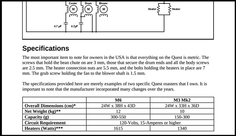 Excerpt from the Quest coffee roaster handbook showing roaster specifications and electrical schematic.