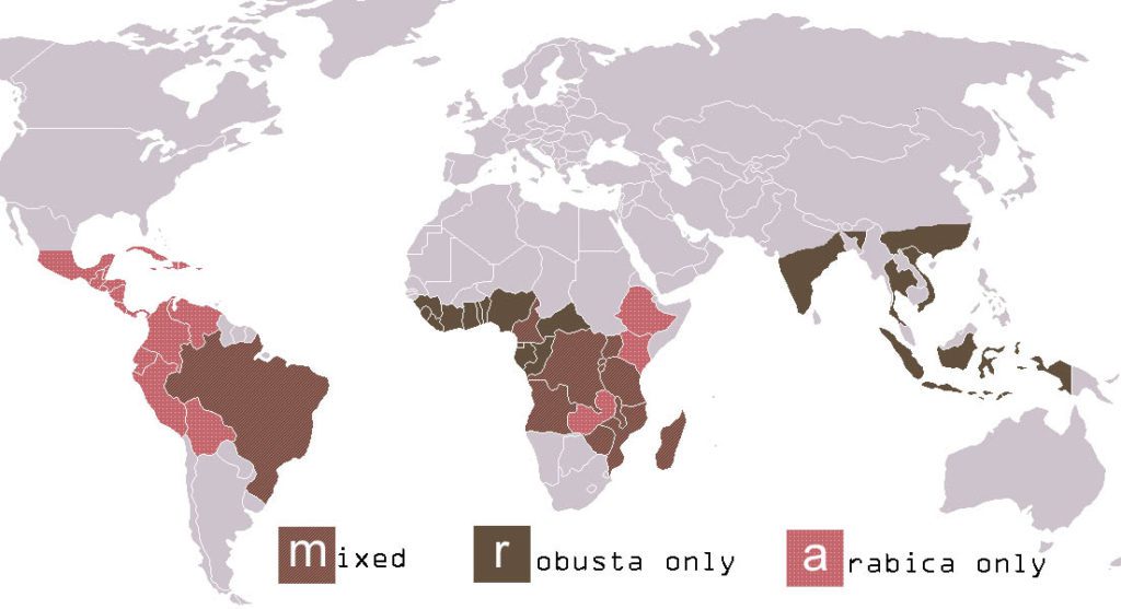 Robusta and arabica production map
