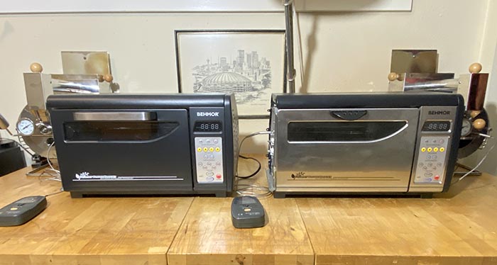 A front view of the Behmor 2000AB and 1600 Plus home roasters side-by-side. 