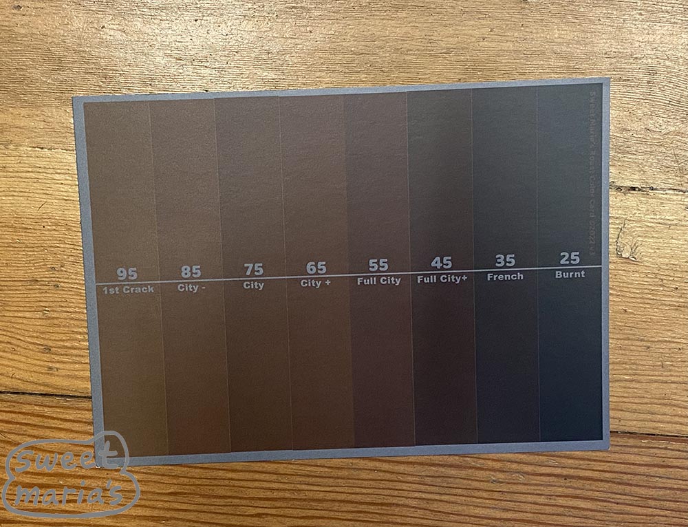 The front of the Sweet Maria's Roasted Coffee Color Card is printed in low contrast colors on matte paper. This is to minimize reflectance.