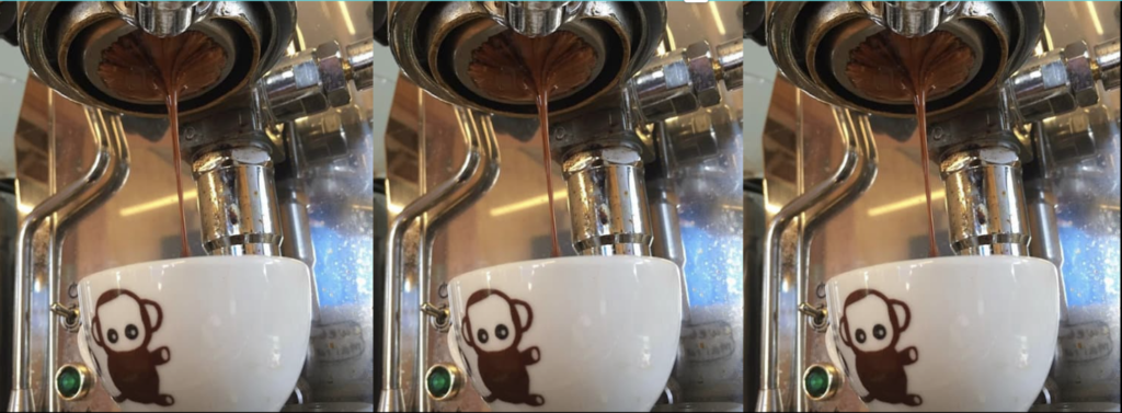 A view of espresso extraction using a bottomless portafilter on the Quick Mill Andreja