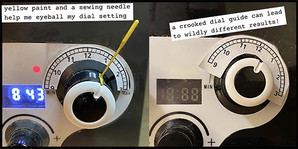 A sewing needle and yellow paint help spot the heat dial setting on the paper dial gauge included with the Popper, just be sure to put it on straight!