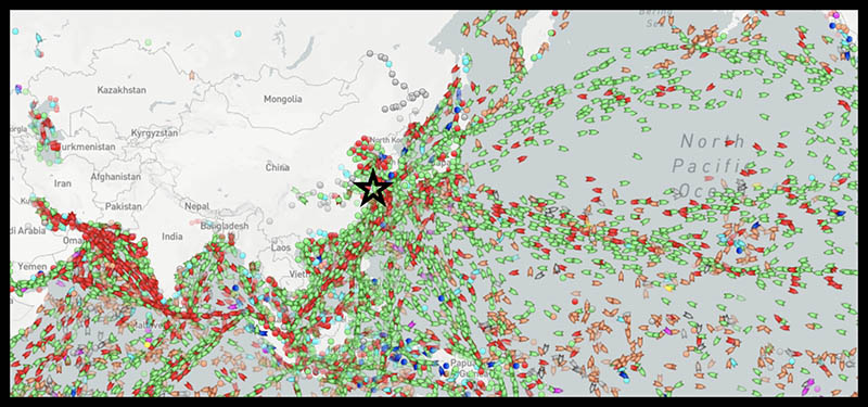 This live tracking map of global maritime traffic shows the congestion of ships at the Shanghai port (marked by the star)