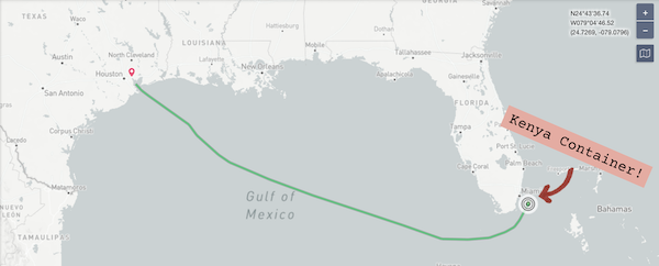 The geo location of our Kenya shipping container as it round the tip of Florida, headed for Houston.
