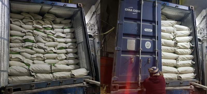 Jute bags filled with the Yemeni coffee we purchased are loaded into a 20 foot shipping container headed for the Port of Aden.