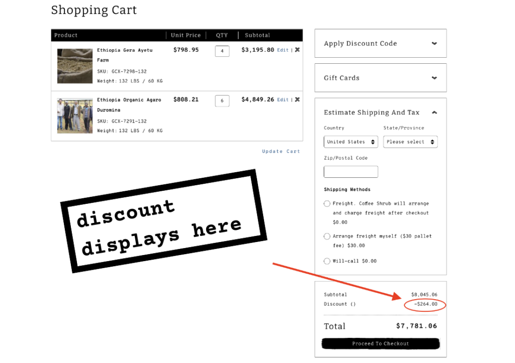 Coffee Shrub volume discounts are now automated through the site. This photo shows how a 10 bag discount of .20 per pound is calculated in the shopping cart.