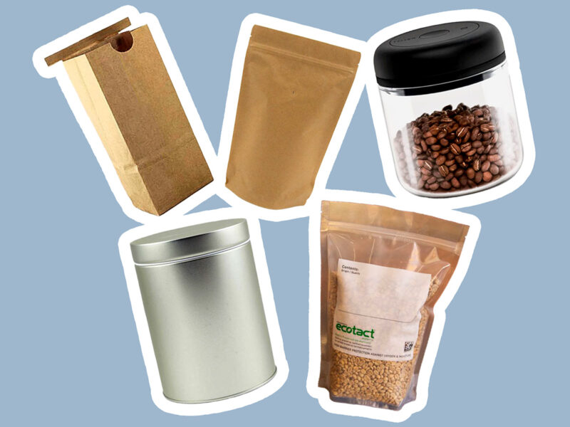 An image showing ecotact bags, coffee canisters, stand up pouches, and tin-tie bags.