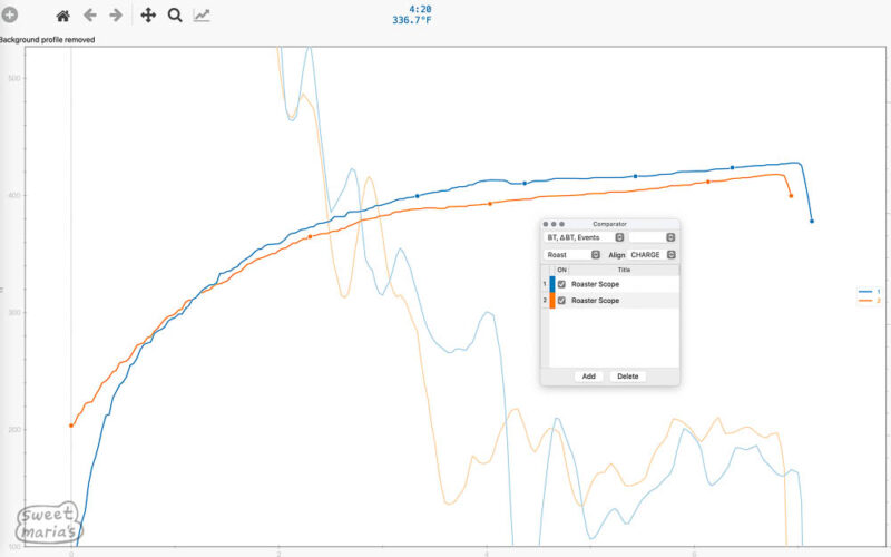 In the Analyse menu you can pull up previous roasts in the Comparator to overlay them. There are many other features not covered here...