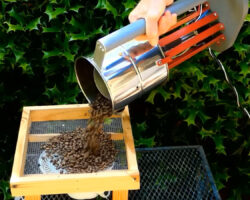 A screenshot of Larry Cotton's EZ Wobble Disk Coffee Roaster in action. The handle encompasses the whole roaster, which tips over to drop the coffee in a metal sieve.