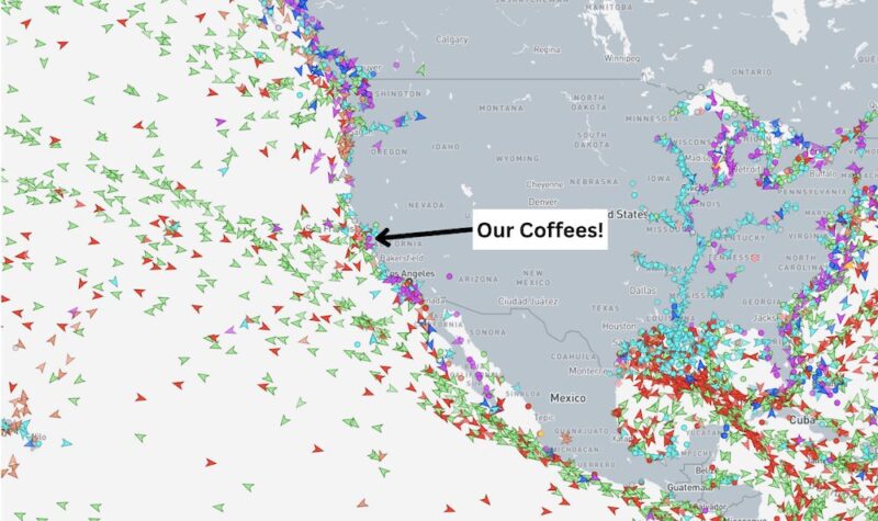 Our Ethiopian coffees are on two of these little triangles (they're ships!). From the MarineTraffic: Global website.