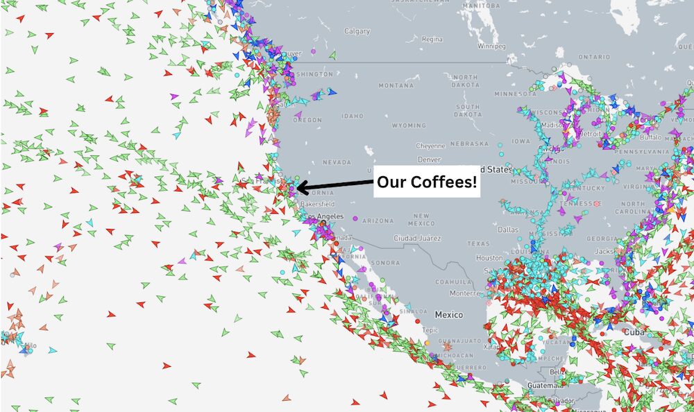 Our Ethiopian coffees are on two of these little triangles (they're ships!). From the MarineTraffic: Global website.
