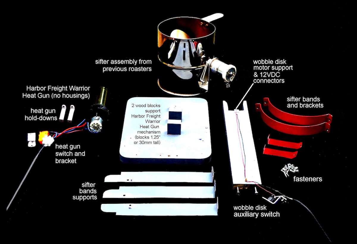 All parts of Larry Cotton's DIY Wobble Disk Home Coffee Roaster laid out. September 2025.