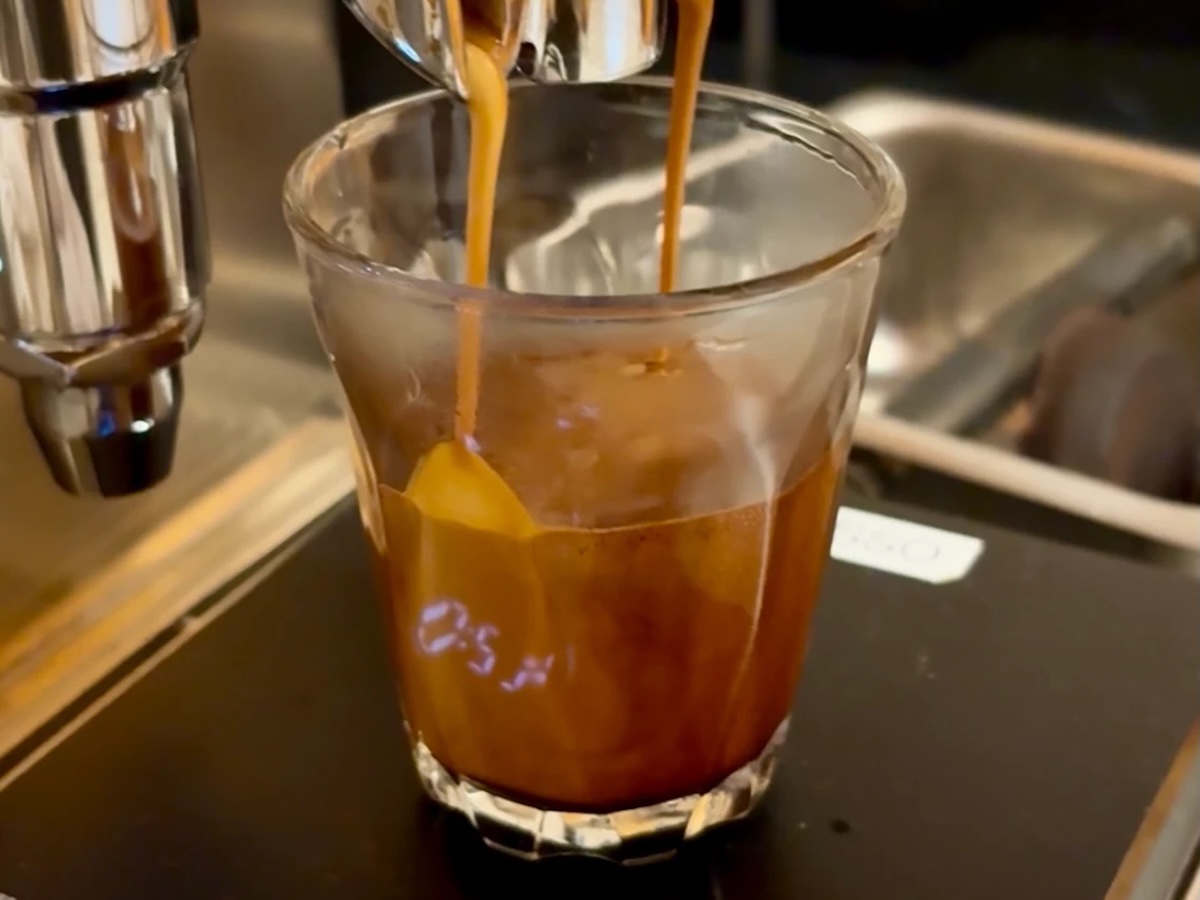 An espresso shot of Sweet Maria's Liquid Amber Blend is in the middle of pulling from an espresso machine, into a glass espresso cup. There's a lot of crema.