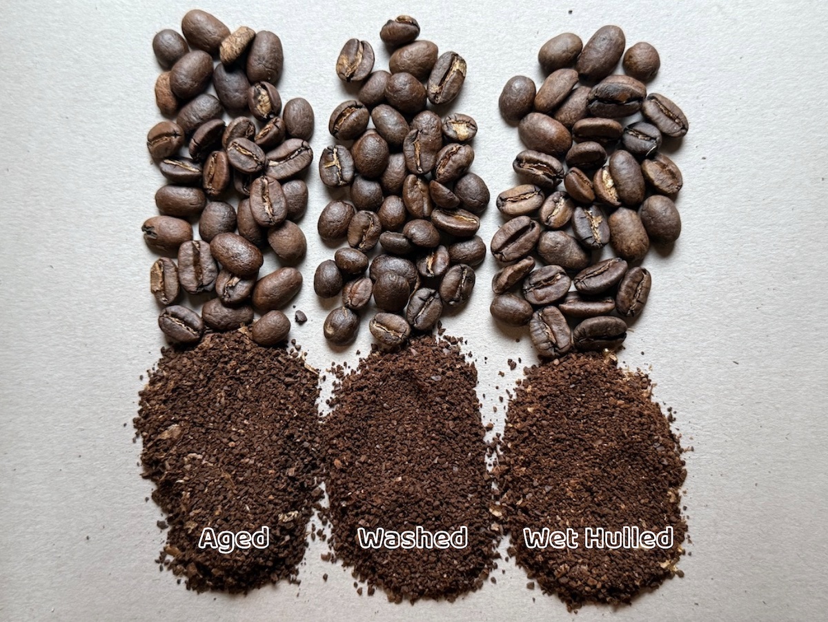 Comparing Full City roasts of Aged, Wet Processed (Washed), and Wet Hulled coffees.