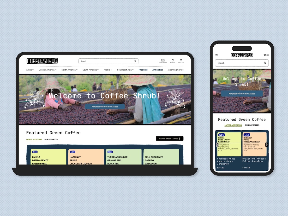 A desktop and mobile graphic mock up of Coffee Shrub's new homepage on the Sweet Maria's website.