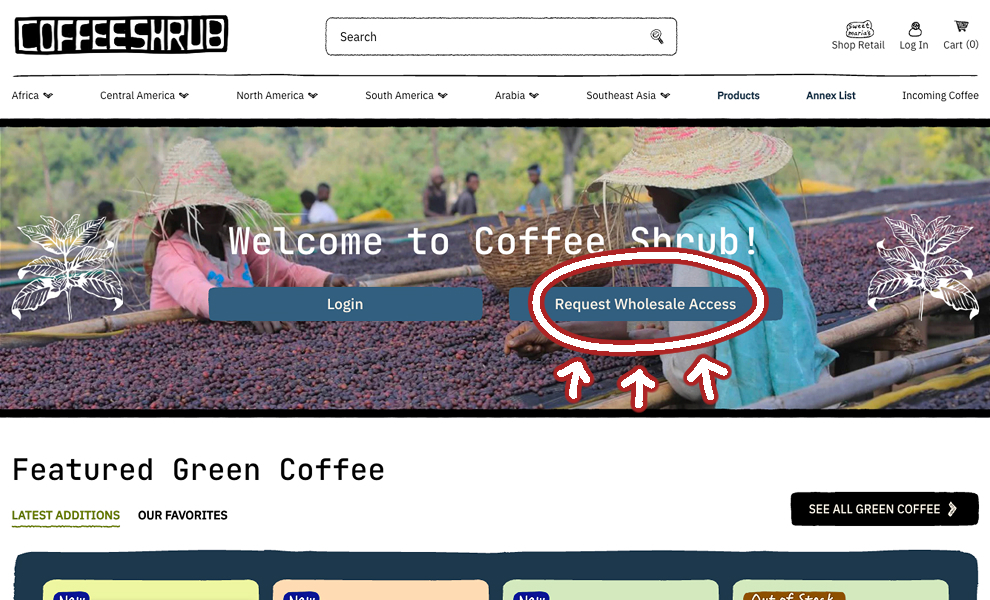 A screenshot of the new Coffee Shrub home page. Circled is the "Request Wholesale Access" button.