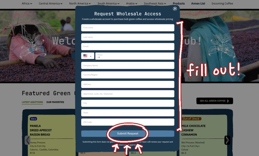 A screenshot of the pop up that appears after selecting "Request Wholesale Access" on the Coffee Shrub home page. Fill out the necessary information and click the "Submit Request" button to finish.