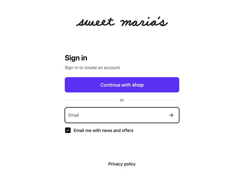 A screenshot of the login screen for Sweet Maria's new website. You can log in through Shop Pay or with an email.