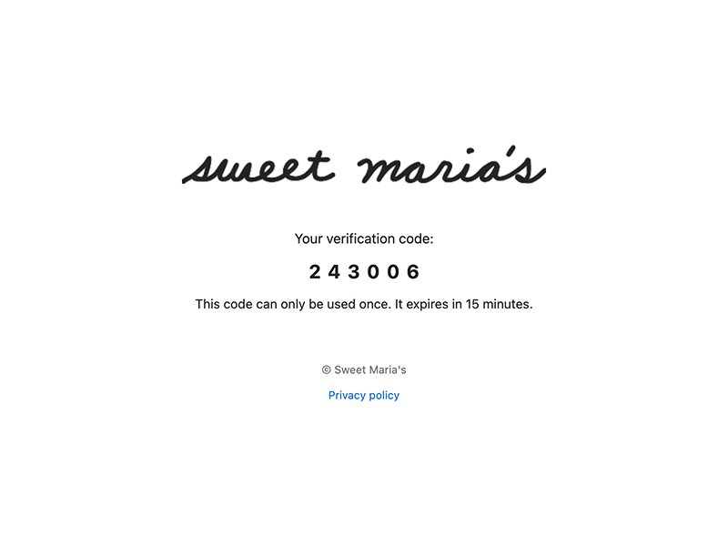 A screenshot of the verification code email to log into Sweet Maria's new website.