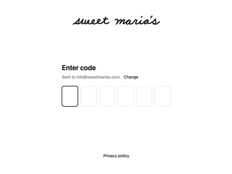 A screenshot of the login screen for Sweet Maria's new website. After entering your email and retrieving your verification code, you can type the code into the fields on the same page where you started logging in.